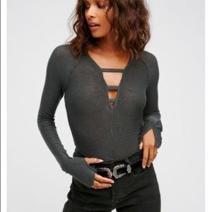 Free People Dark Gray Bae Bae Slub Knit Long Sleeve Top